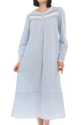 Women's Light Blue Cotton Victorian Nightgown with Pockets, Emily Long Sleeve Lace Trimmed Button Up Long Night Dress