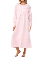 Women's Pink Peach Cotton Victorian Nightgown with Pockets, Emily Long Sleeve Lace Trimmed Button Up Long Night Dress