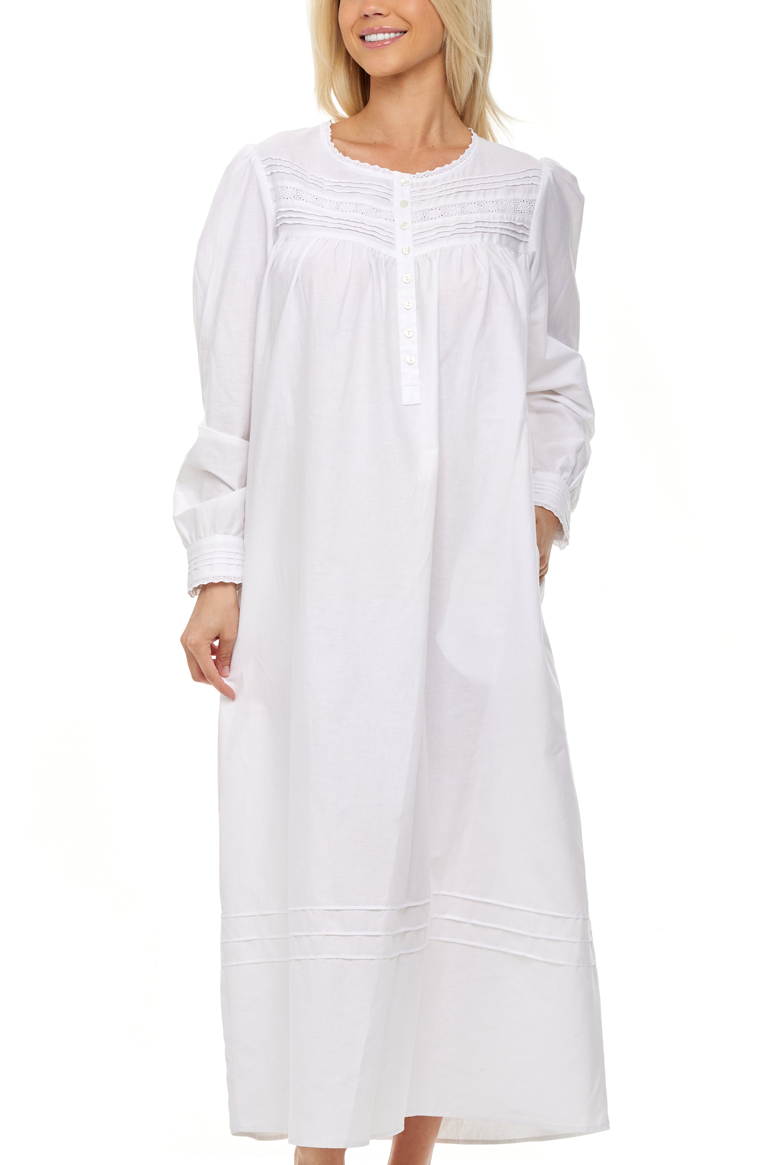 Women's Cotton Victorian Nightgown with Pockets, Emily Long Sleeve Lace Trimmed Button Up Long Night Dress, White / Large