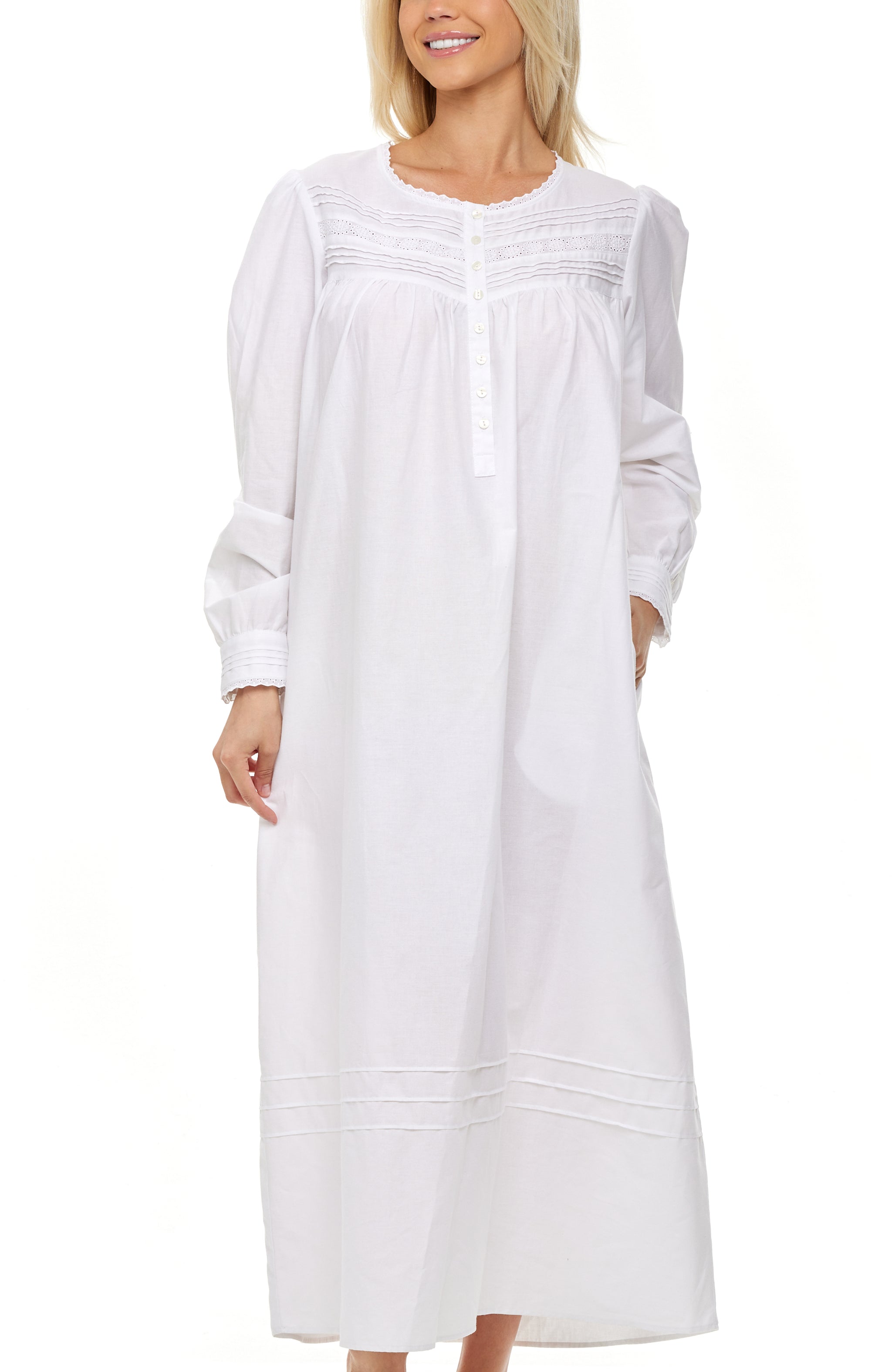 Women's Cotton Victorian Nightgown with Pockets, Emily Long Sleeve Lace Trimmed Button Up Long Night Dress, White / Large Women's Cotton Victorian Nightgown with Pockets, Emily Long Sleeve Lace Trimmed Button Up Long Night Dress, White / Large