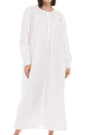 Women's White Version 2 Cotton Victorian Nightgown with Pockets, Emily Long Sleeve Lace Trimmed Button Up Long Night Dress
