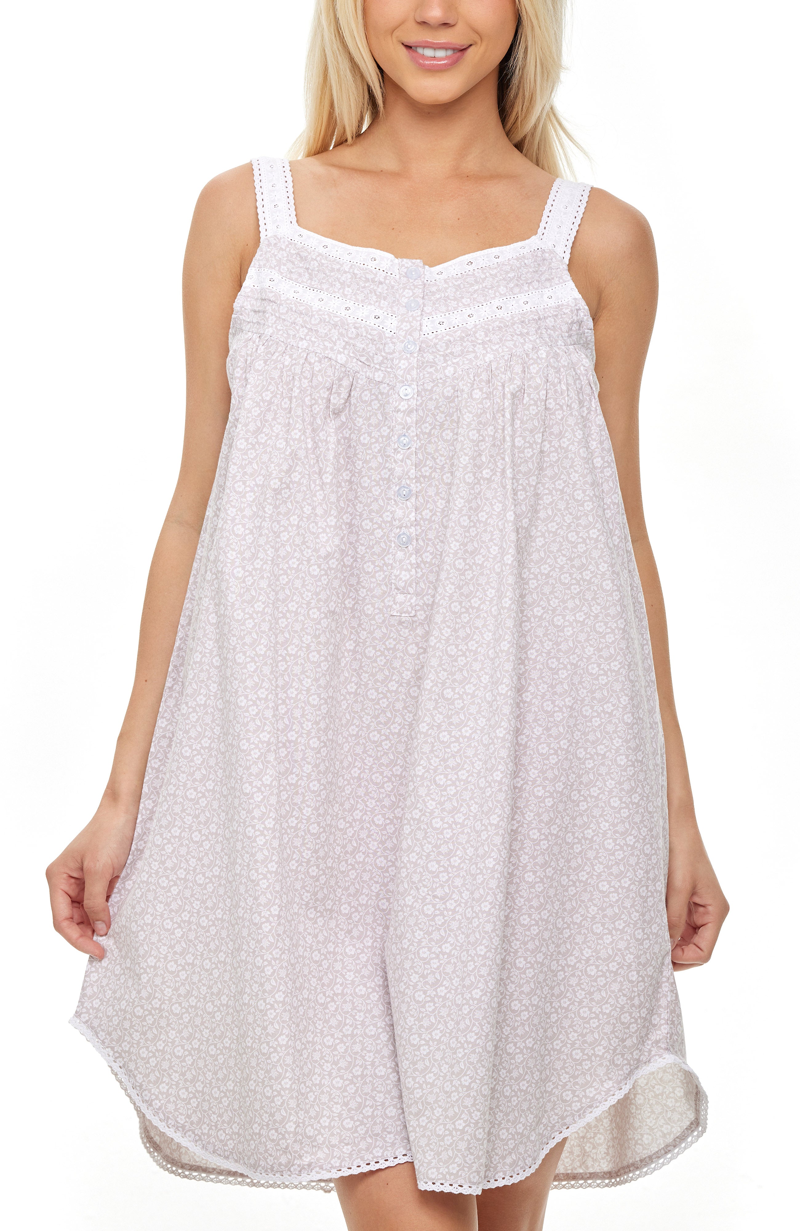 Women's Cotton Victorian Nightgown, Maria Sleeveless Lace Trimmed Button Up Short Night Dress, White Floral On Gray / Medium Women's Cotton Victorian Nightgown, Maria Sleeveless Lace Trimmed Button Up Short Night Dress, White Floral On Gray / Medium