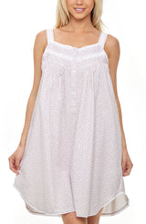 Women's White Floral on Gray Cotton Victorian Nightgown, Maria Sleeveless Lace Trimmed Button Up Short Night Dress