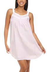 Women's White Floral on Mauve Cotton Victorian Nightgown, Maria Sleeveless Lace Trimmed Button Up Short Night Dress