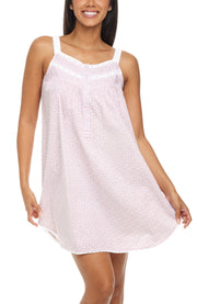 Women's White Floral on Mauve Cotton Victorian Nightgown, Maria Sleeveless Lace Trimmed Button Up Short Night Dress