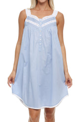 Women's Light Blue Cotton Victorian Nightgown, Maria Sleeveless Lace Trimmed Button Up Short Night Dress