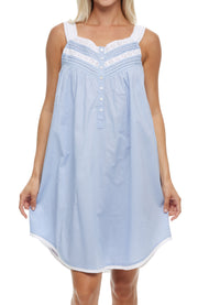 Women's Light Blue Cotton Victorian Nightgown, Maria Sleeveless Lace Trimmed Button Up Short Night Dress