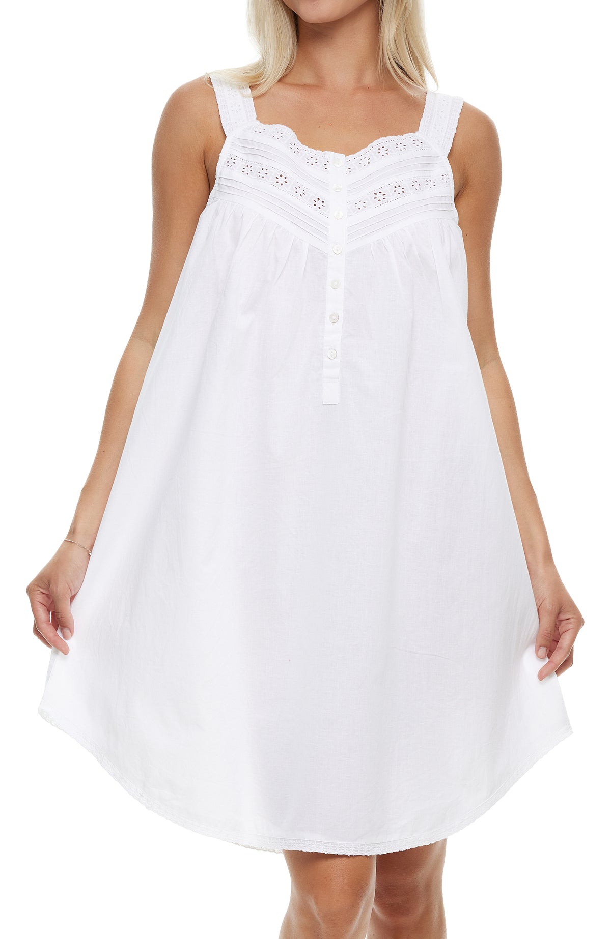 Women's White Cotton Victorian Nightgown, Maria Sleeveless Lace Trimmed Button Up Short Night Dress