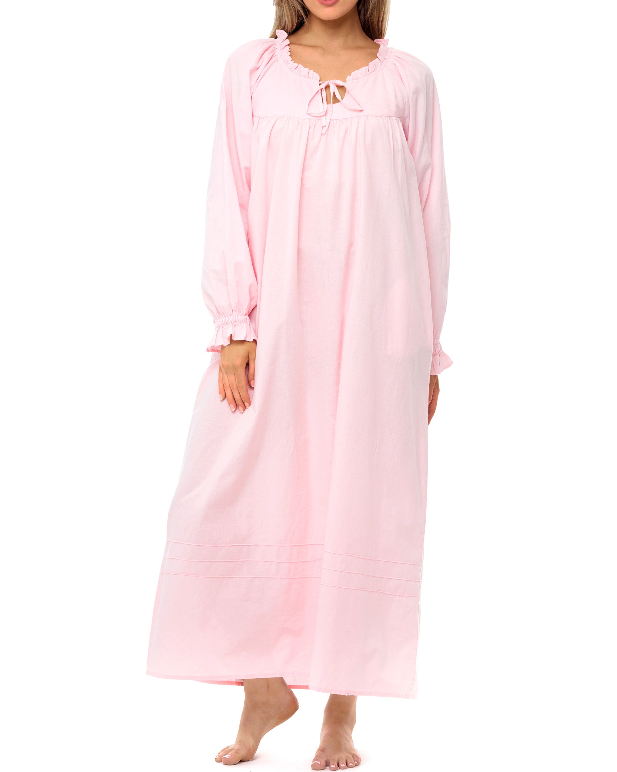 Women Cotton Victorian Nightgown Pockets, Long Sleeve Poet Nightshirt Ruffled Vintage Night Dress Gown, Pink Peach / 2X