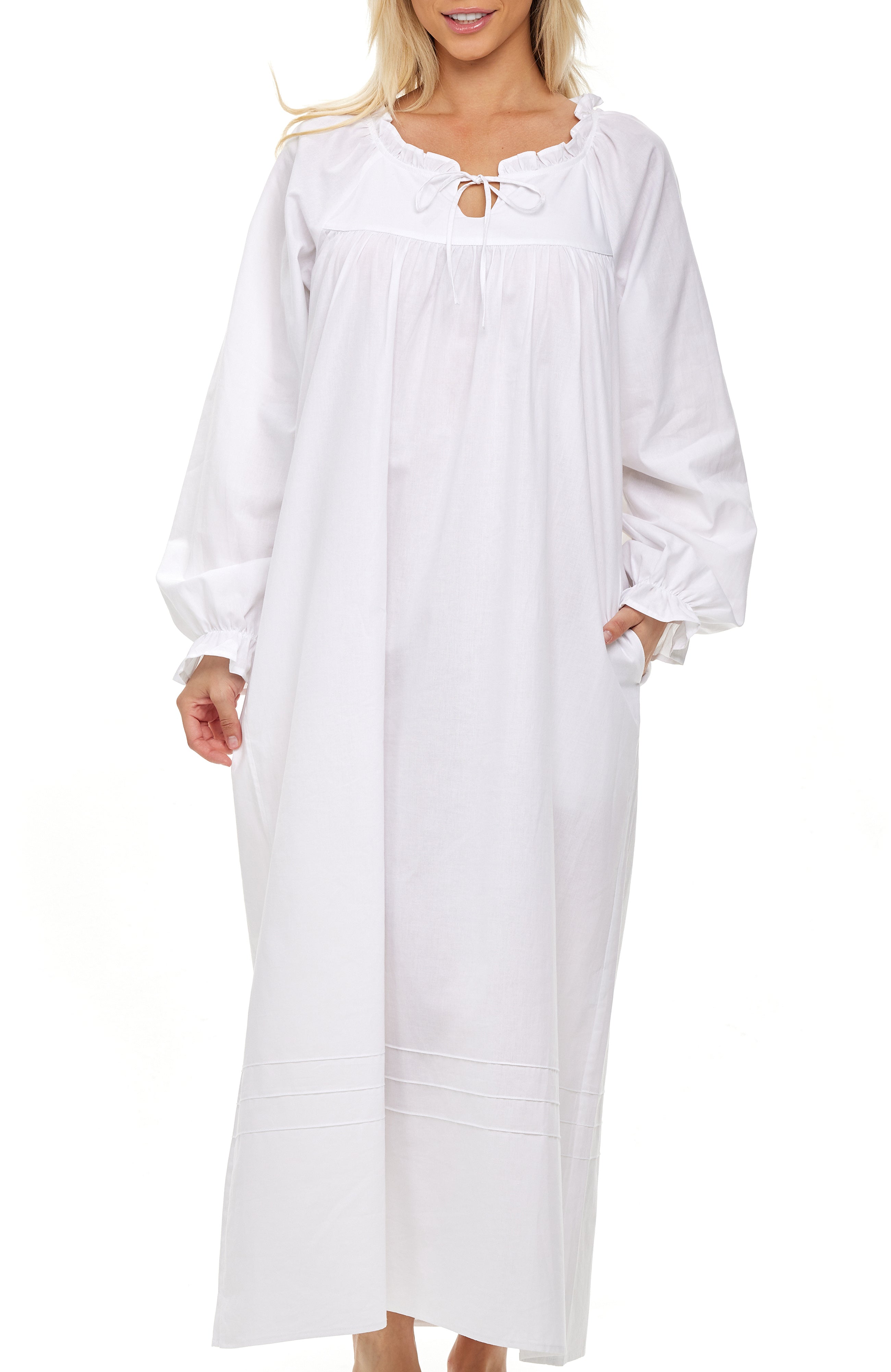 Women Cotton Victorian Nightgown Pockets, Long Sleeve Poet Nightshirt Ruffled Vintage Night Dress Gown, White / XS