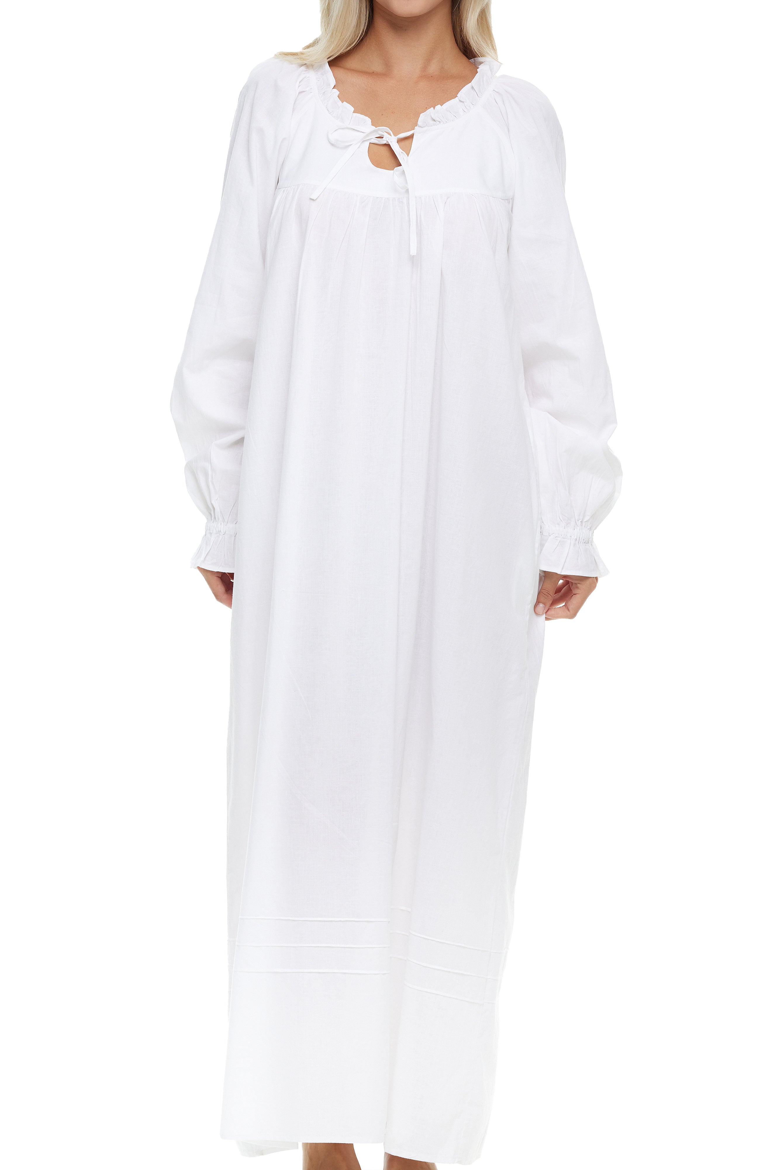 Women Cotton Victorian Nightgown Pockets, Long Sleeve Poet Nightshirt Ruffled Vintage Night Dress Gown, White / XS