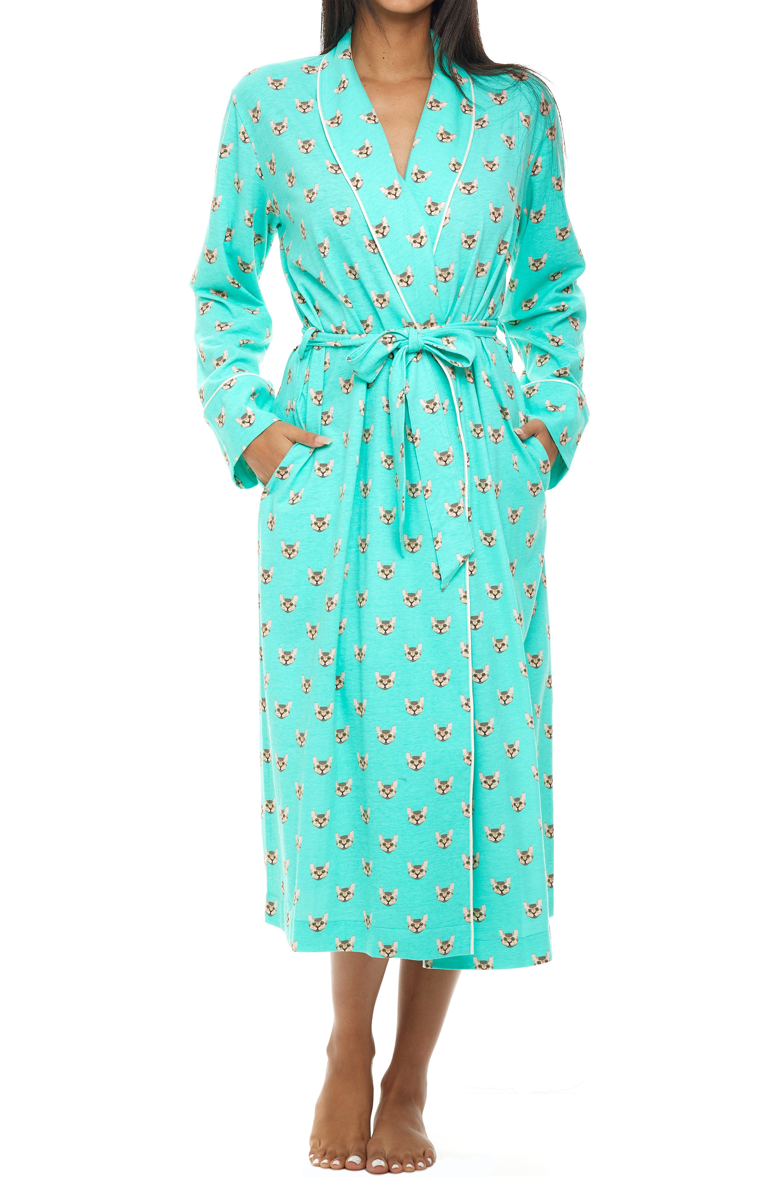 Womens Long Knit Robe with Pockets, Aqua Cats
