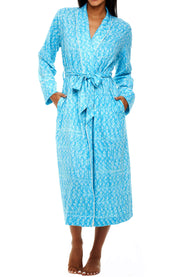Womens Aqua Ikat Batik Long Knit Robe with Pockets