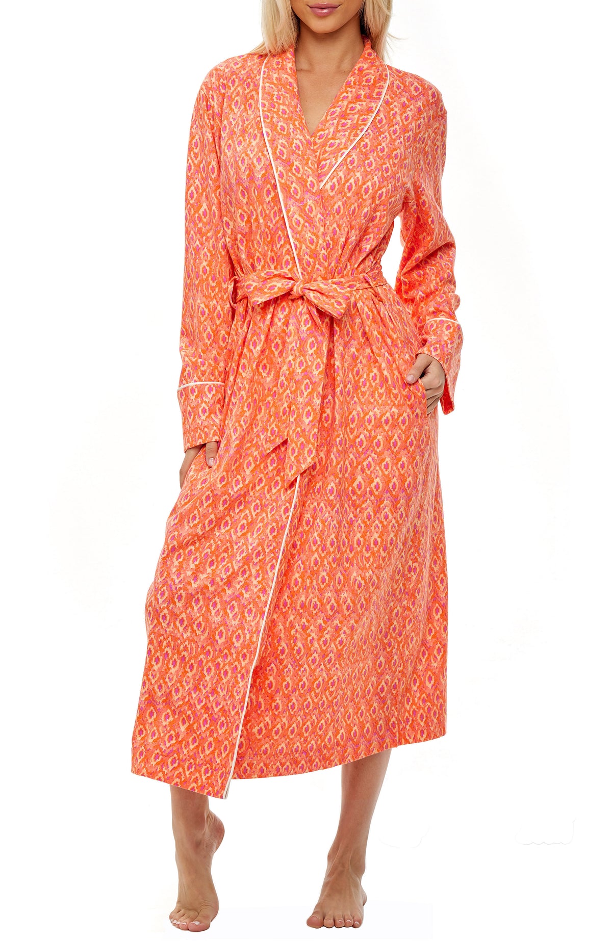 Womens Marmelade Ikat Long Knit Robe with Pockets