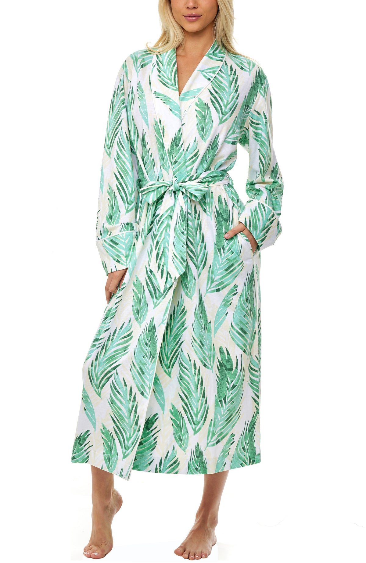 Womens Palm Leaves Long Knit Robe with Pockets