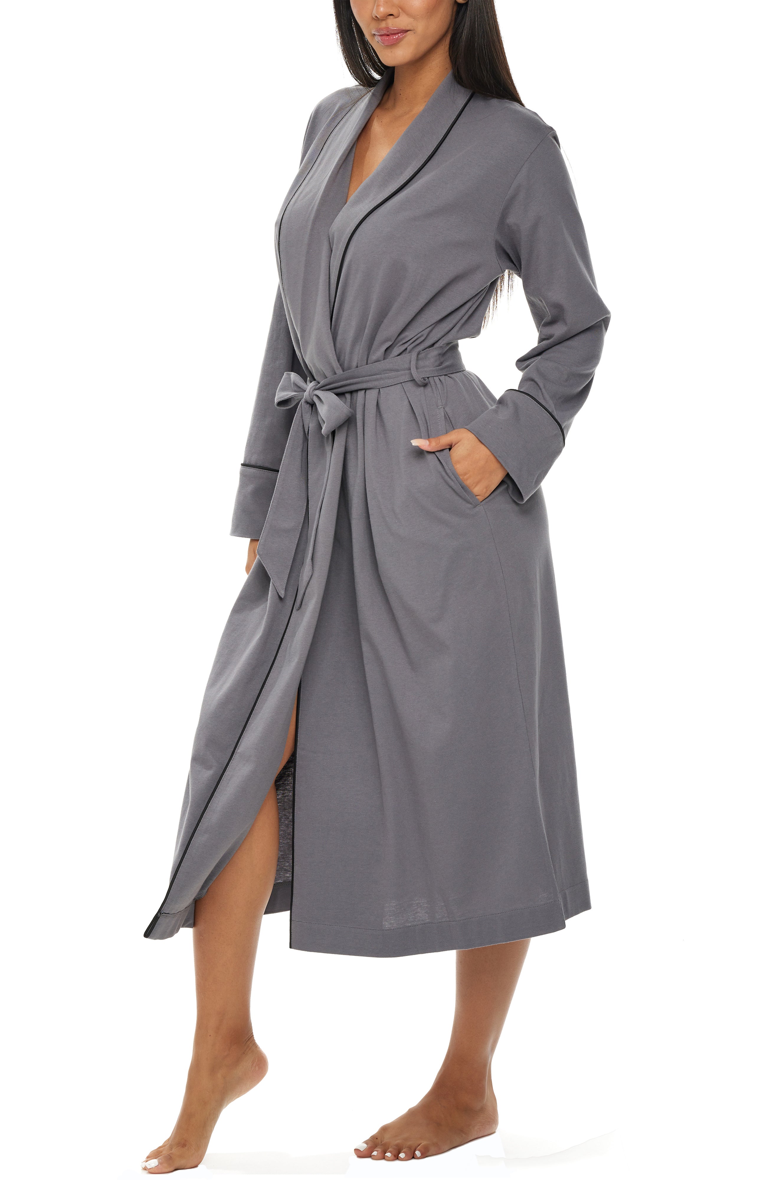 Womens Long Knit Robe with Pockets, Ash Gray