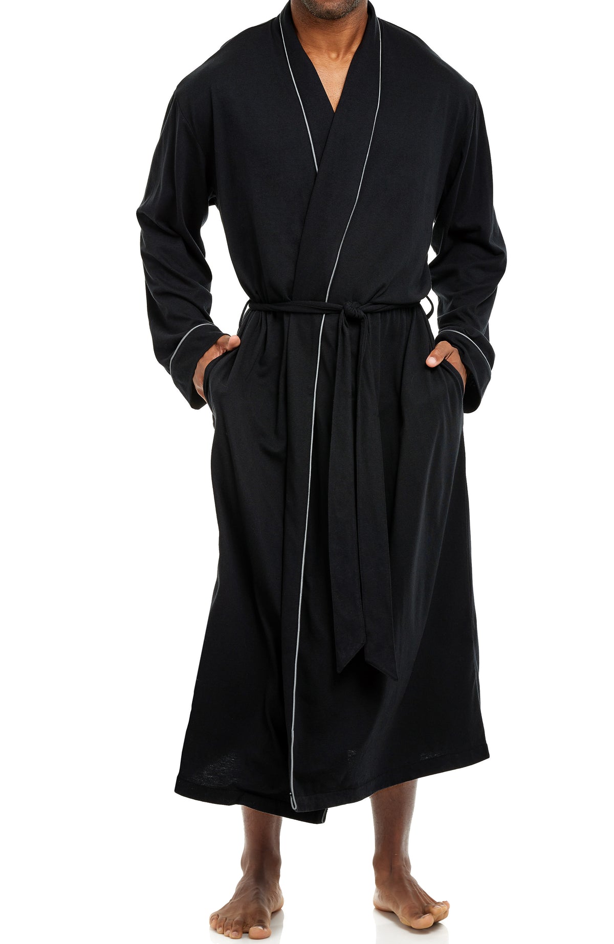 Mens Black - 5 ft 5 in & Taller Long Knit Lounge Robe with Pockets