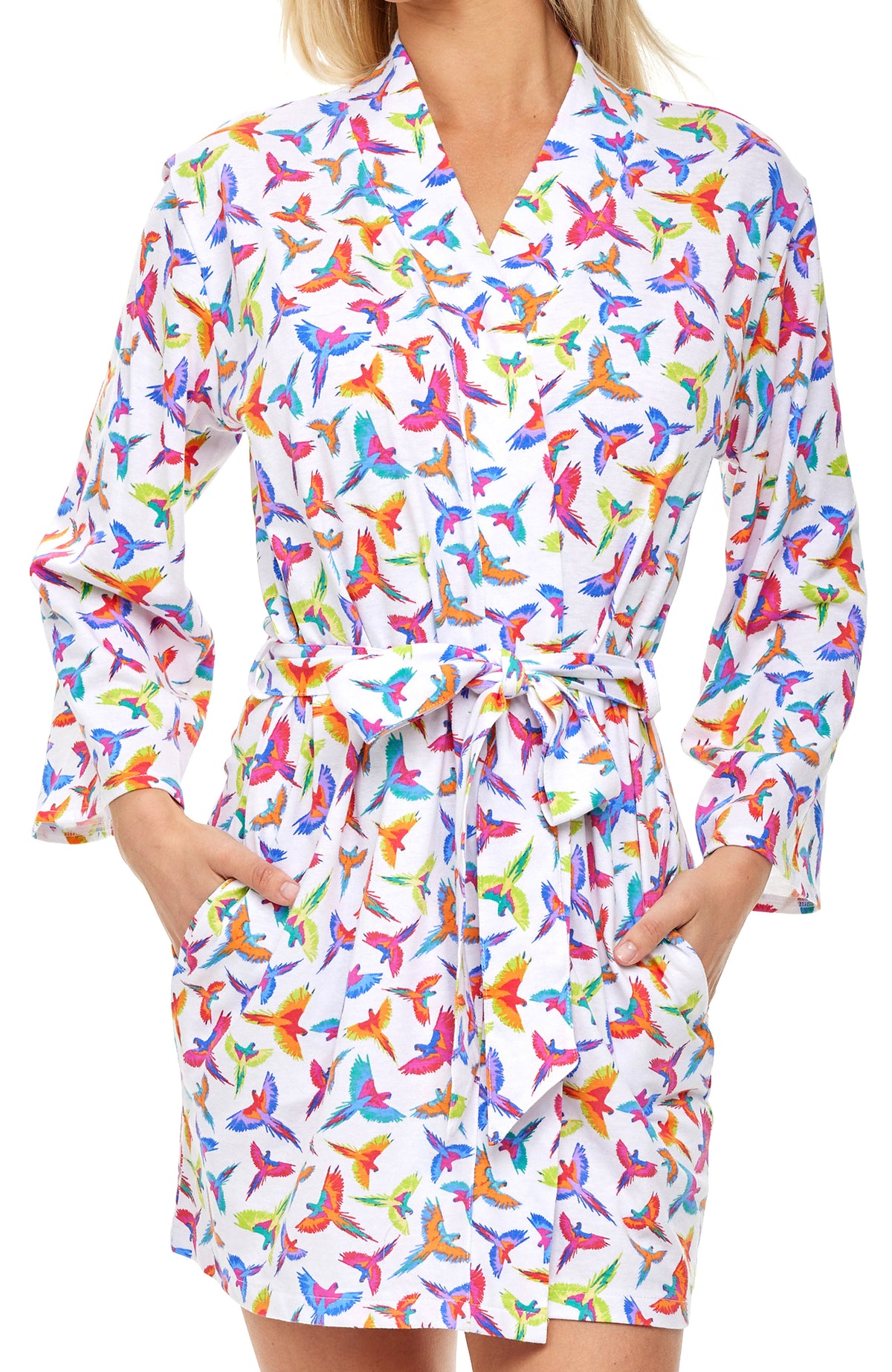 Womens Tropical Macaw Parrots Knit Robe with Pockets