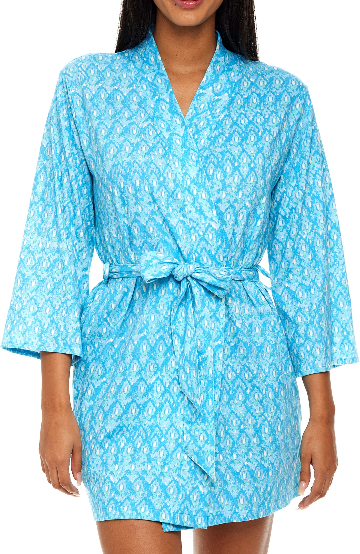 Womens Ikat Batik Aqua Knit Robe with Pockets