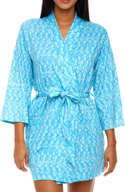 Womens Ikat Batik Aqua Knit Robe with Pockets