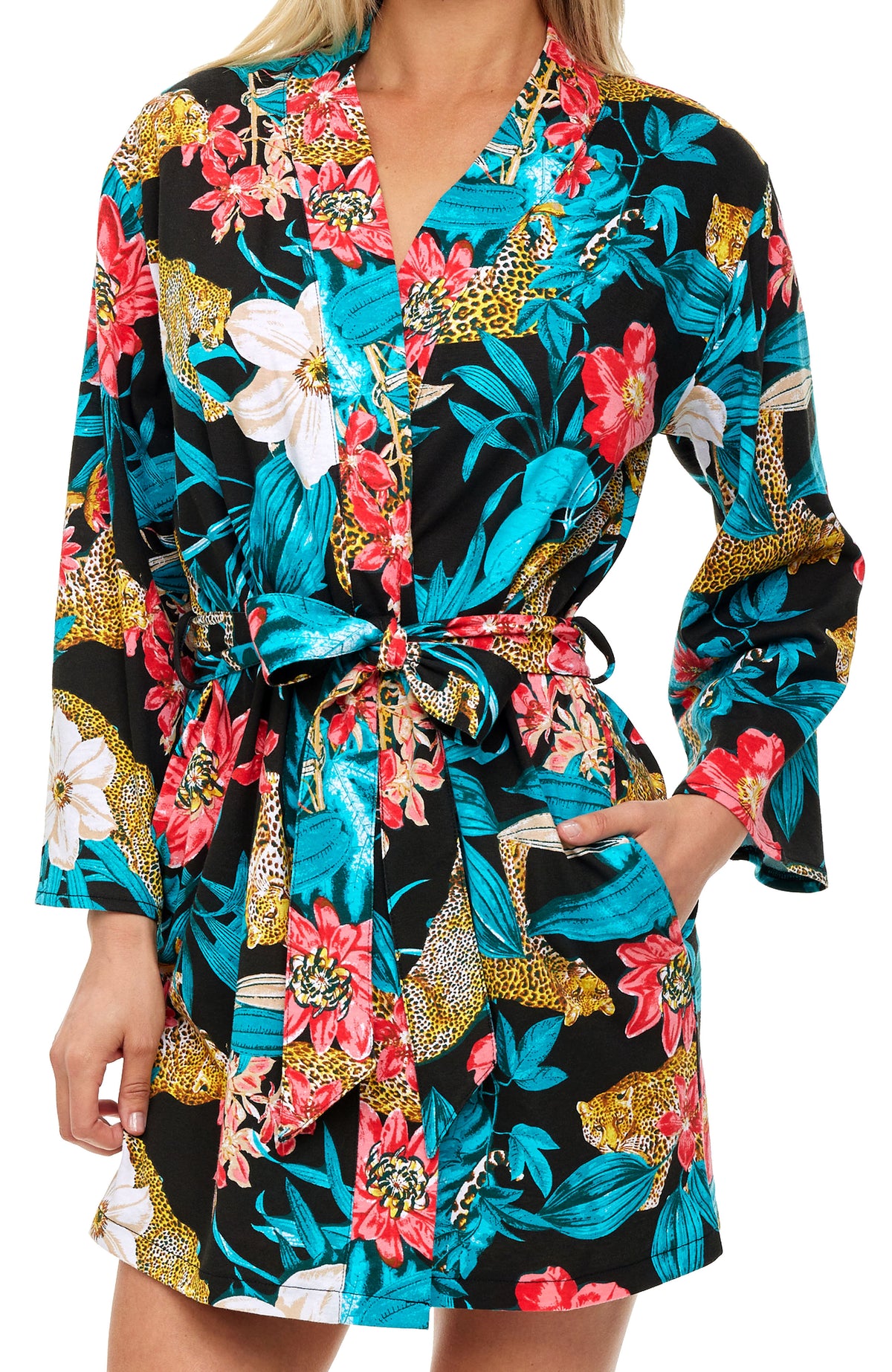 Womens Tropical Leopards Knit Robe with Pockets