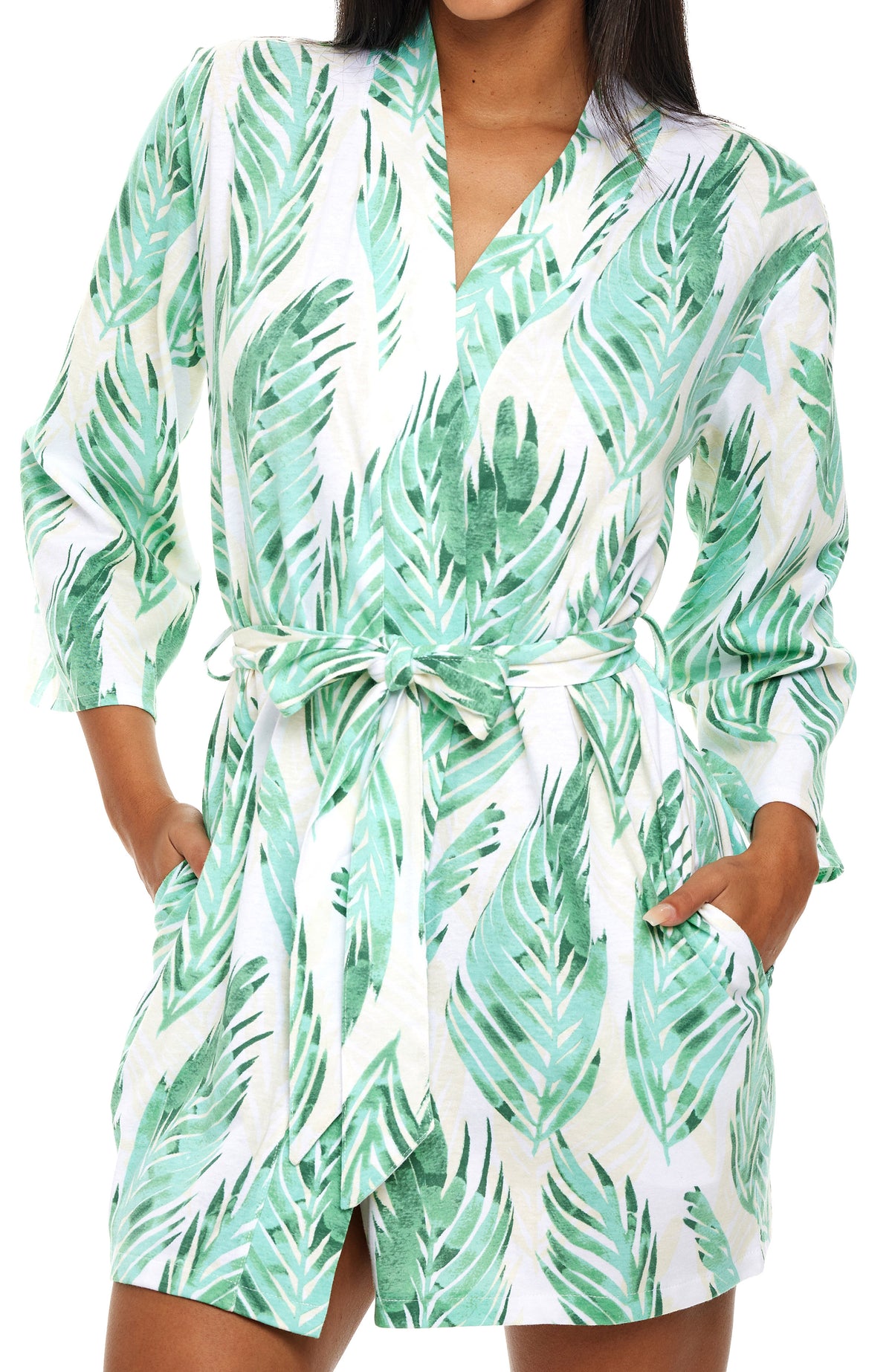 Womens Tropical Palm Leaves Knit Robe with Pockets
