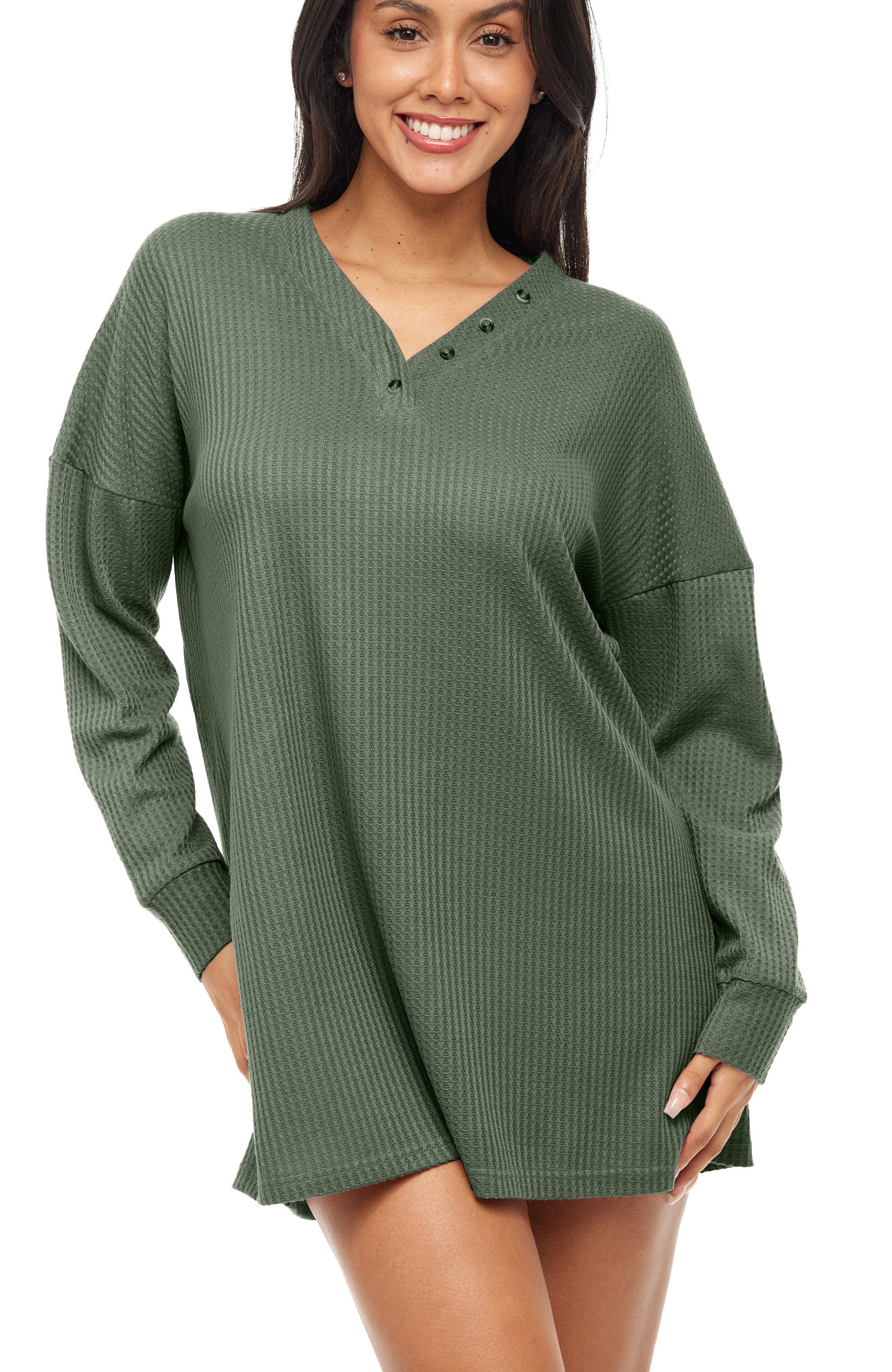Women's Long Sleeve Oversized Knit Nightshirt, V-neck Sleepshirt, Pajama Top, Shadow Green / 2X Women's Long Sleeve Oversized Knit Nightshirt, V-neck Sleepshirt, Pajama Top, Shadow Green / 2X
