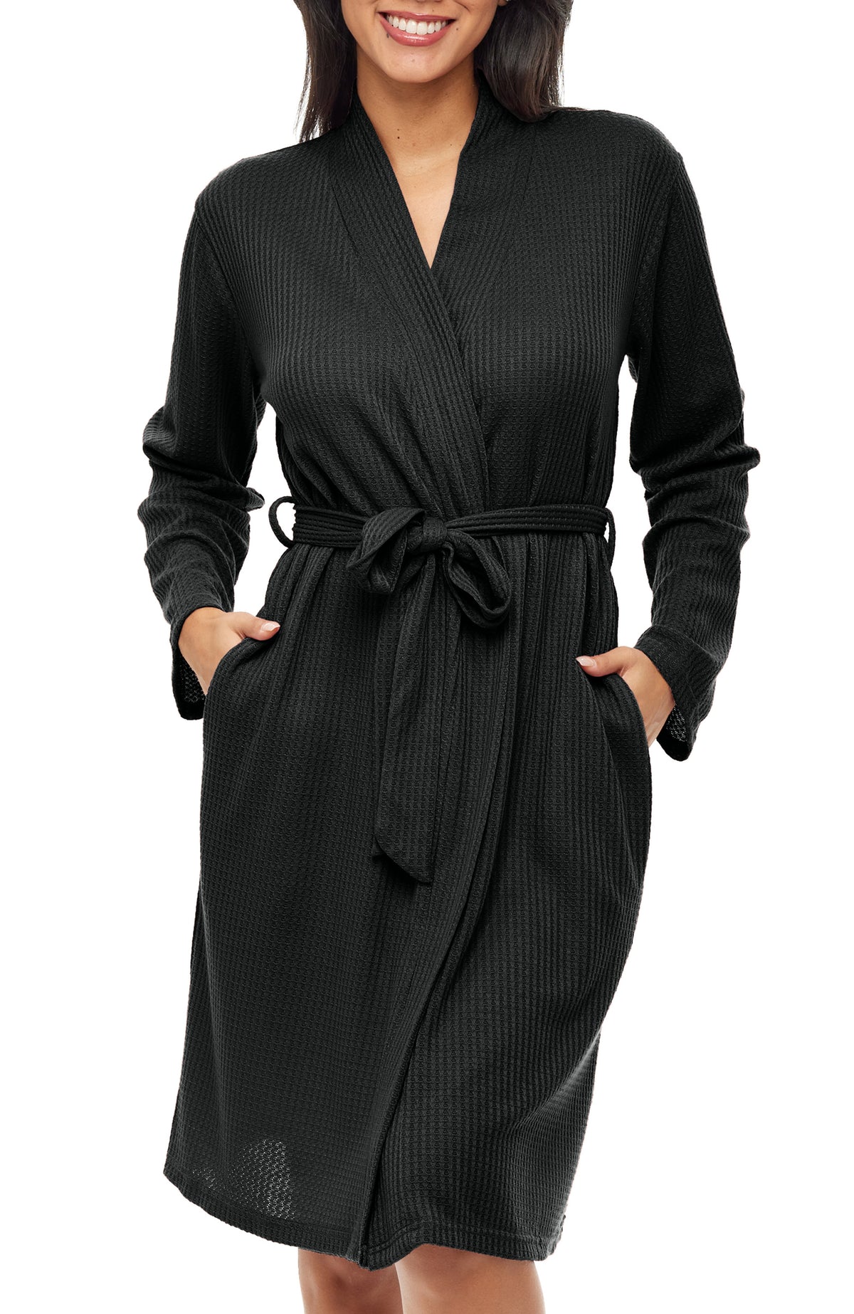 Women's Black Knit Wrap Robe with Pockets, Lightweight Bathrobe