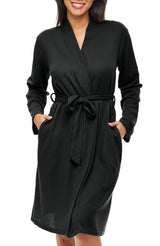 Women's Black Knit Wrap Robe with Pockets, Lightweight Bathrobe