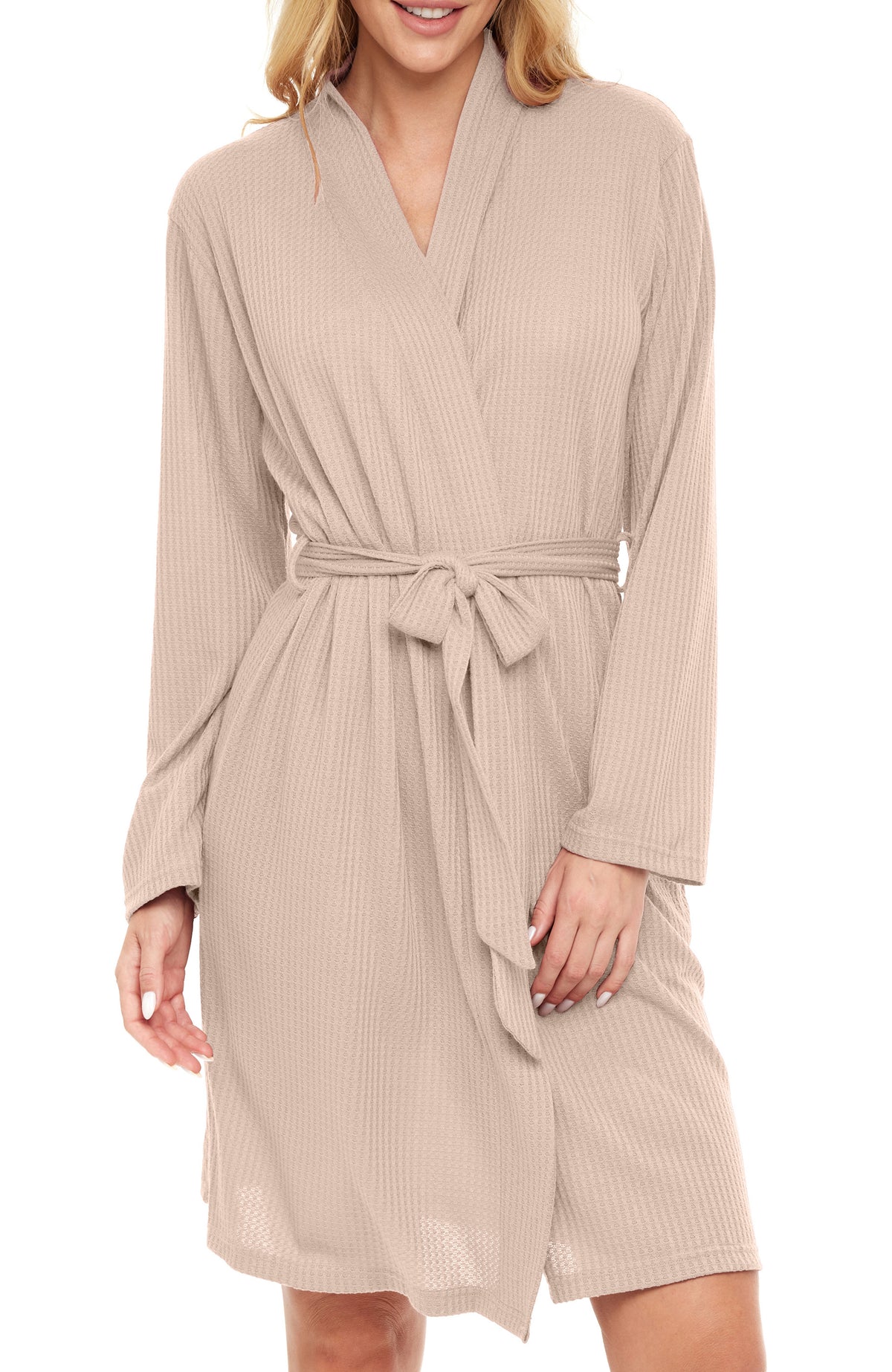 Women's Ivory Knit Wrap Robe with Pockets, Lightweight Bathrobe