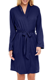 Women's Navy Blue Knit Wrap Robe with Pockets, Lightweight Bathrobe