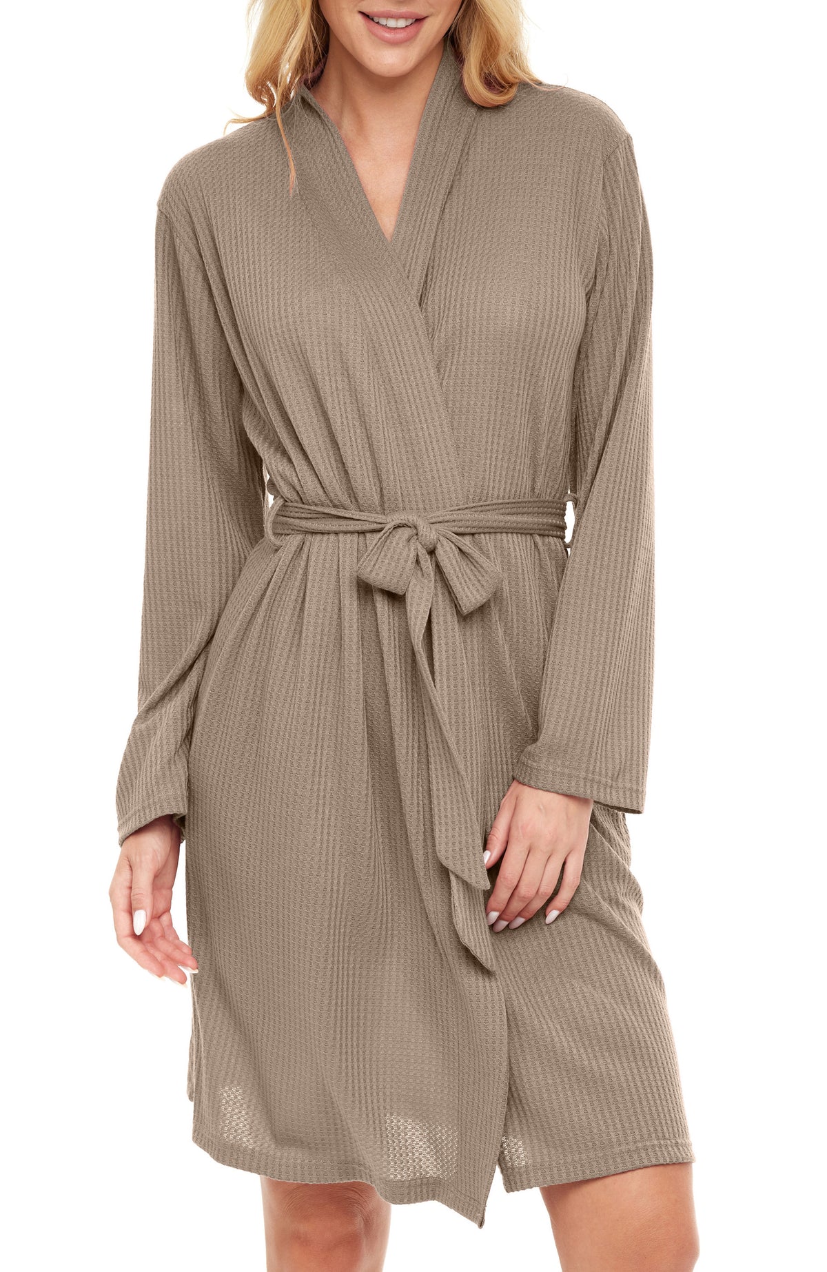 Women's Shadow Beige Knit Wrap Robe with Pockets, Lightweight Bathrobe