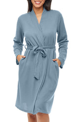 Women's Shadow Blue Knit Wrap Robe with Pockets, Lightweight Bathrobe