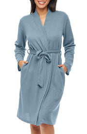 Women's Shadow Blue Knit Wrap Robe with Pockets, Lightweight Bathrobe