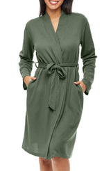 Women's Shadow Green Knit Wrap Robe with Pockets, Lightweight Bathrobe