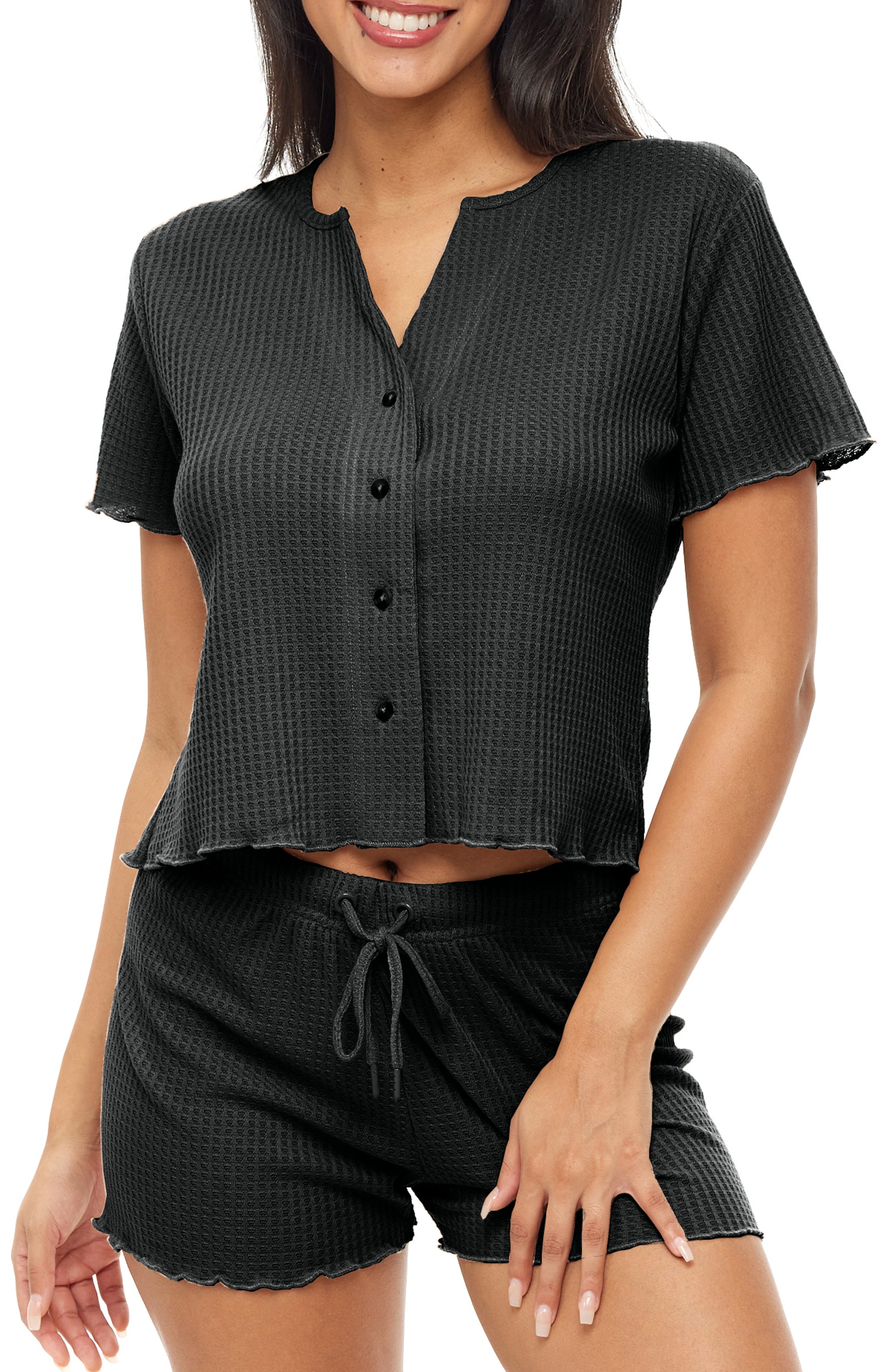 ADR Women's Pajamas Set, Soft Ribbed Knit Waffle Pajamas Lounge