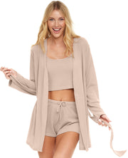 Women's Ivory Knit Robe and Pajamas Set - Robe, Cami Top and Sleep Shorts
