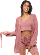 Women's Rose Taupe Knit Robe and Pajamas Set - Robe, Cami Top and Sleep Shorts
