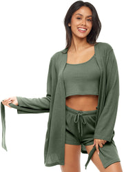 Women's Shadow Green Knit Robe and Pajamas Set - Robe, Cami Top and Sleep Shorts