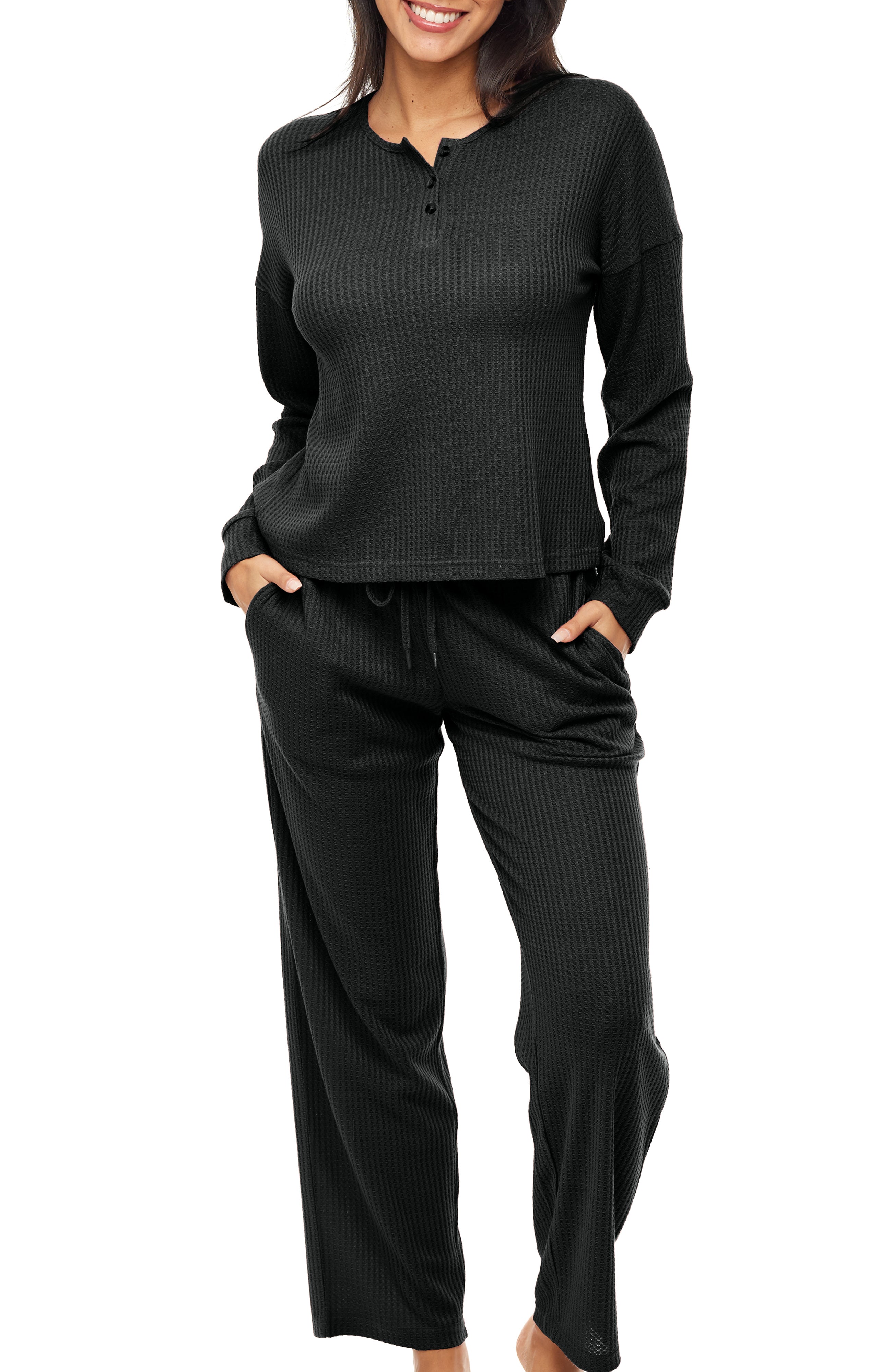 Women's Soft Ribbed Waffle Rib Knit Henley Pajamas Lounge Set, Lounge  Sleeve Top and Pants with Pockets, Drawstring – Alexander Del Rossa