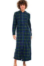 Black Watch Tartan Plaid Fleece Nightgown for Women – Full Length with Zipper & Hood