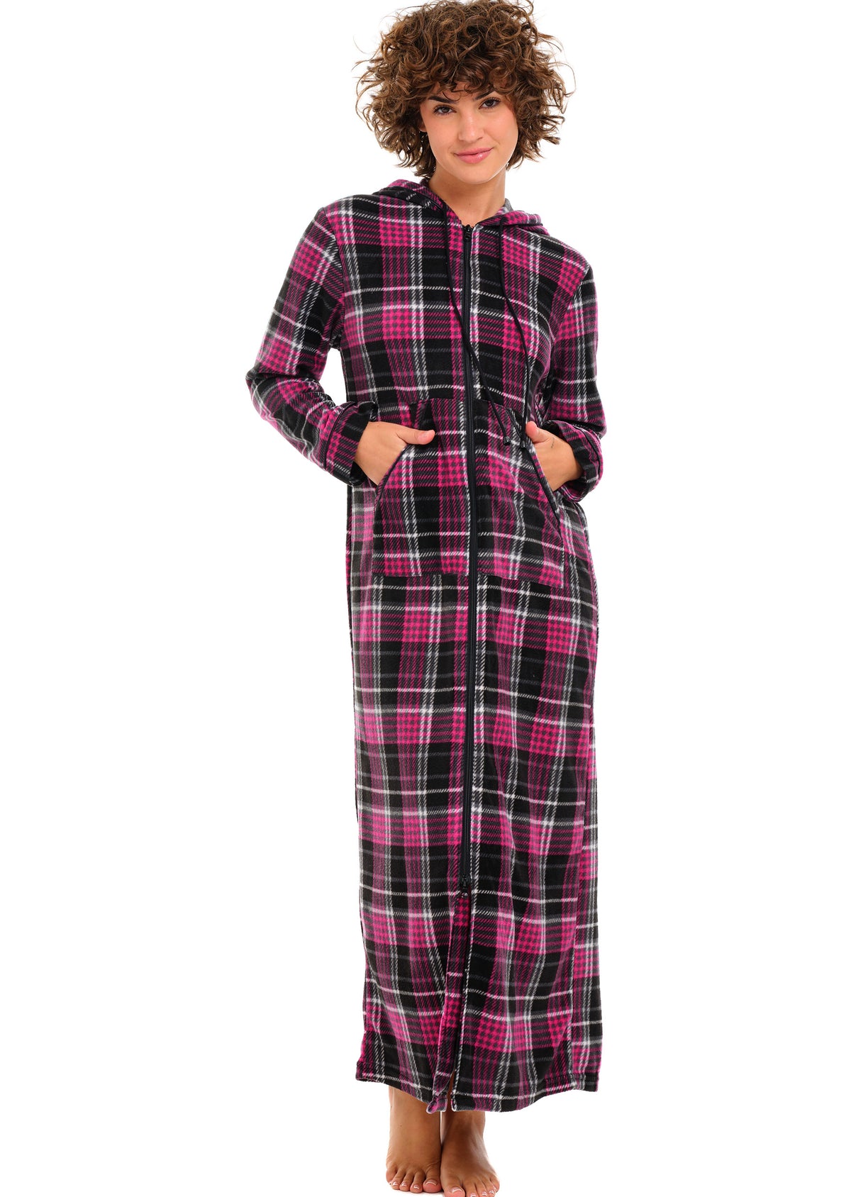 Shadow Rose Plaid Fleece Nightgown for Women – Full Length with Zipper & Hood