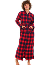 Red and Navy Plaid Fleece Nightgown for Women – Full Length with Zipper & Hood