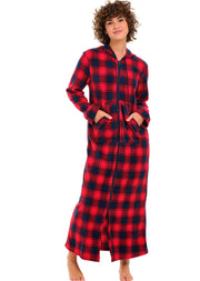 Red and Navy Plaid Fleece Nightgown for Women – Full Length with Zipper & Hood