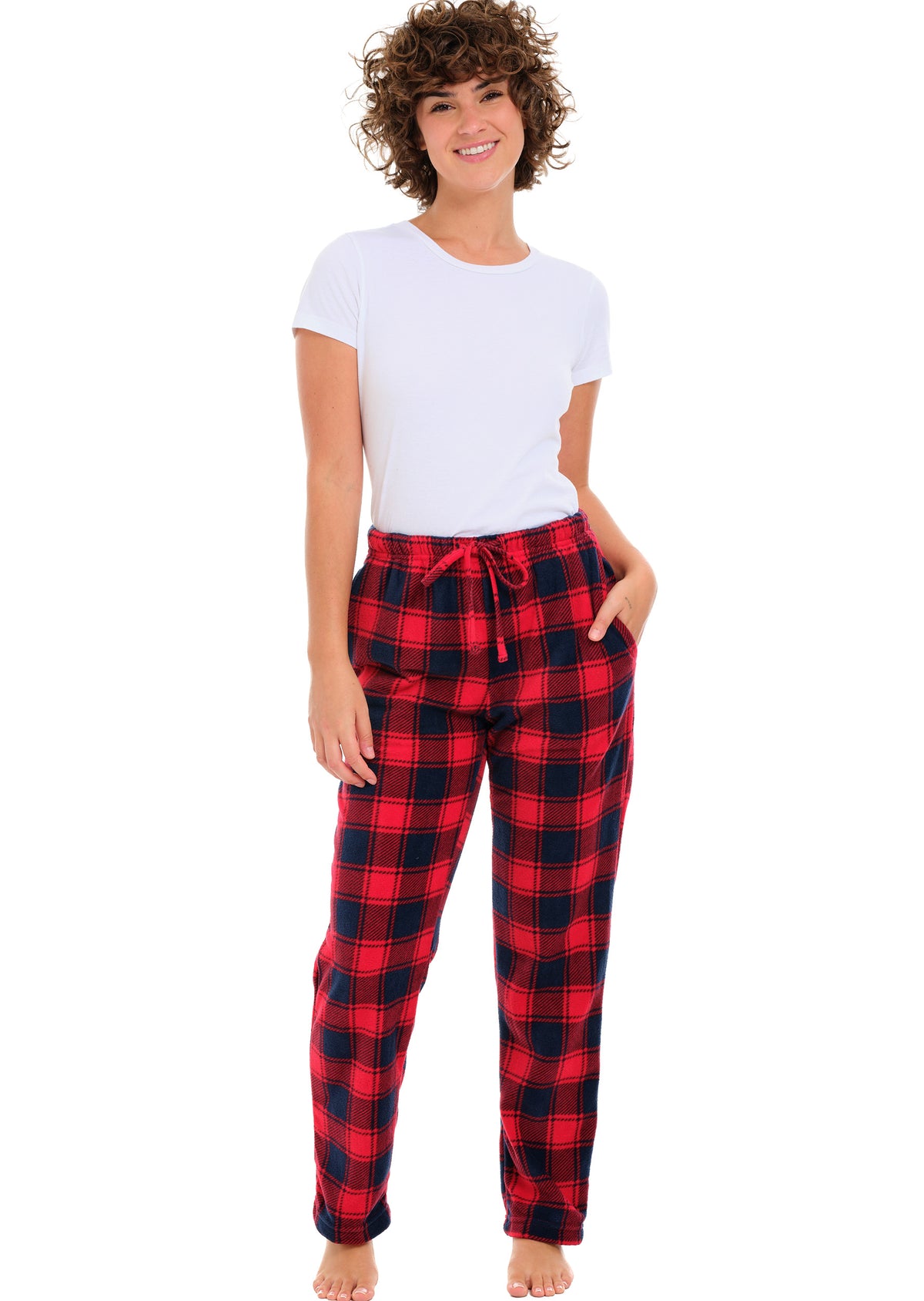 Women's Red and Navy Plaid Soft Polar Fleece Pajama Pants, Sweatpants, Warm Pj Bottoms