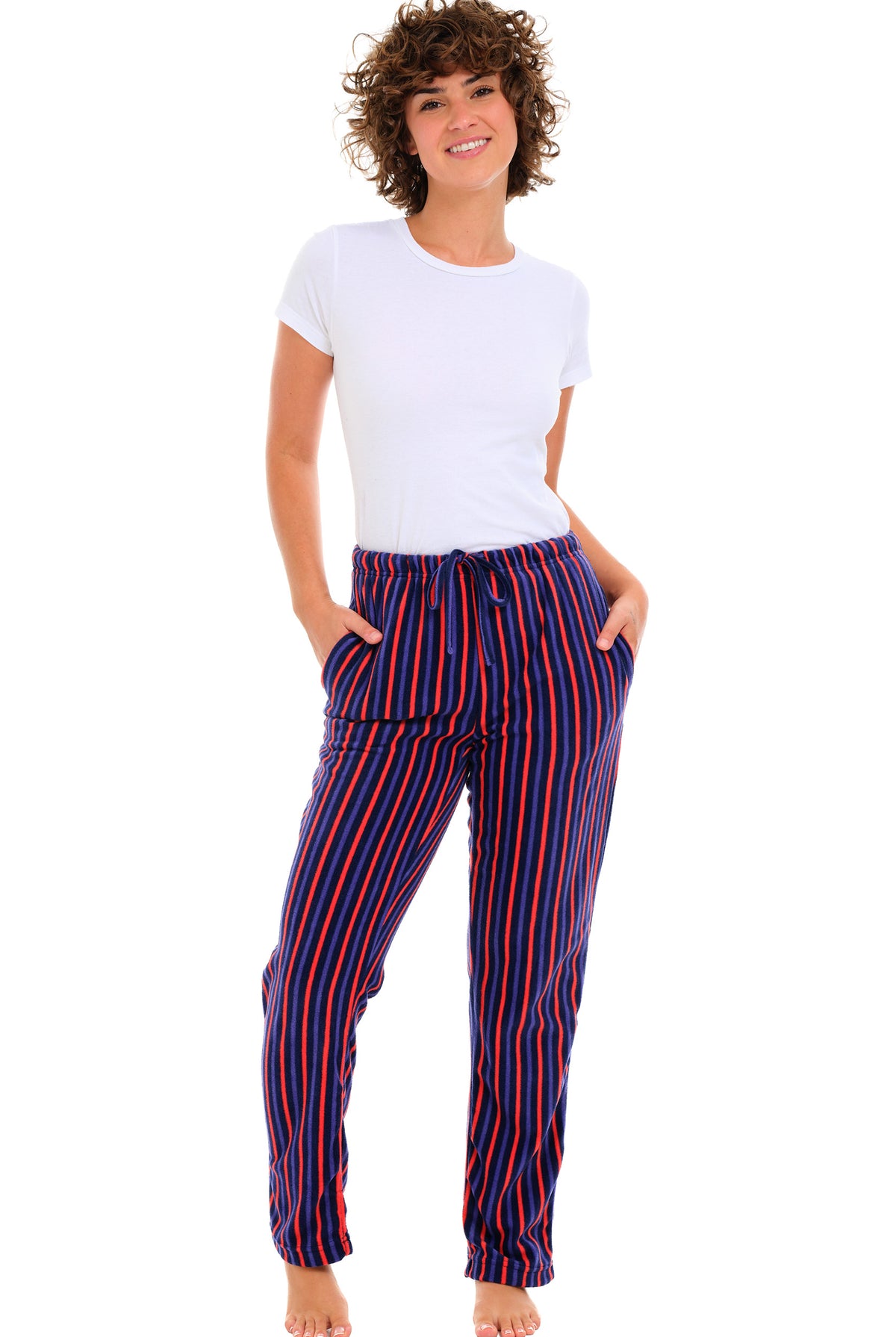 Women's Cranberry Navy Stripe Soft Polar Fleece Pajama Pants, Sweatpants, Warm Pj Bottoms