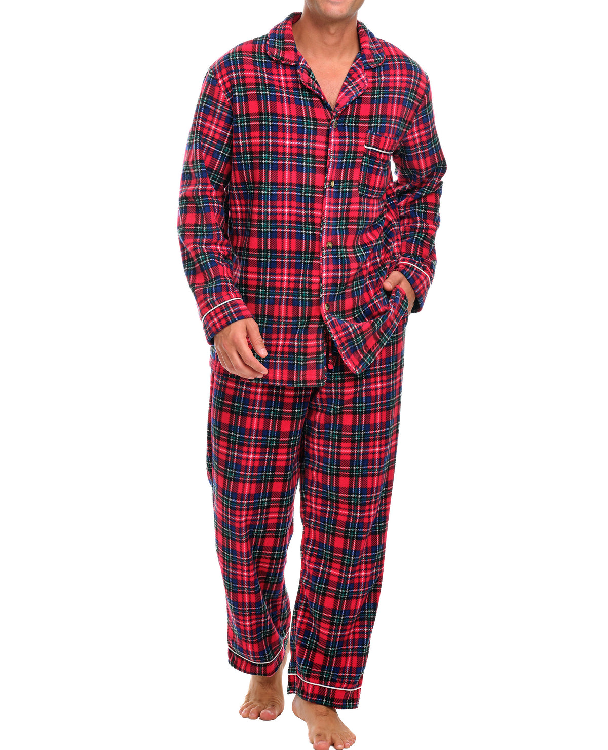 Christmas Plaid Lightweight Fleece Pajamas for Men, Long Sleeve Button Up PJ Set with Pockets