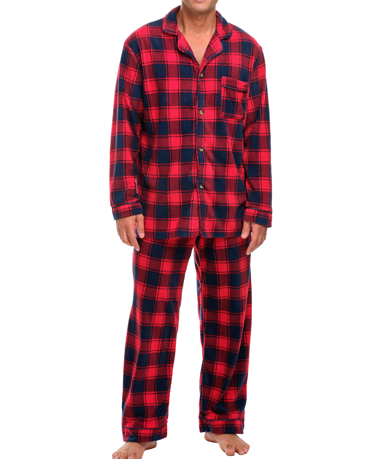 Red and Navy Plaid Lightweight Fleece Pajamas for Men, Long Sleeve Button Up PJ Set with Pockets