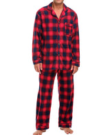 Red and Navy Plaid Lightweight Fleece Pajamas for Men, Long Sleeve Button Up PJ Set with Pockets