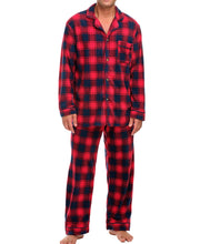 Red and Navy Plaid Lightweight Fleece Pajamas for Men, Long Sleeve Button Up PJ Set with Pockets